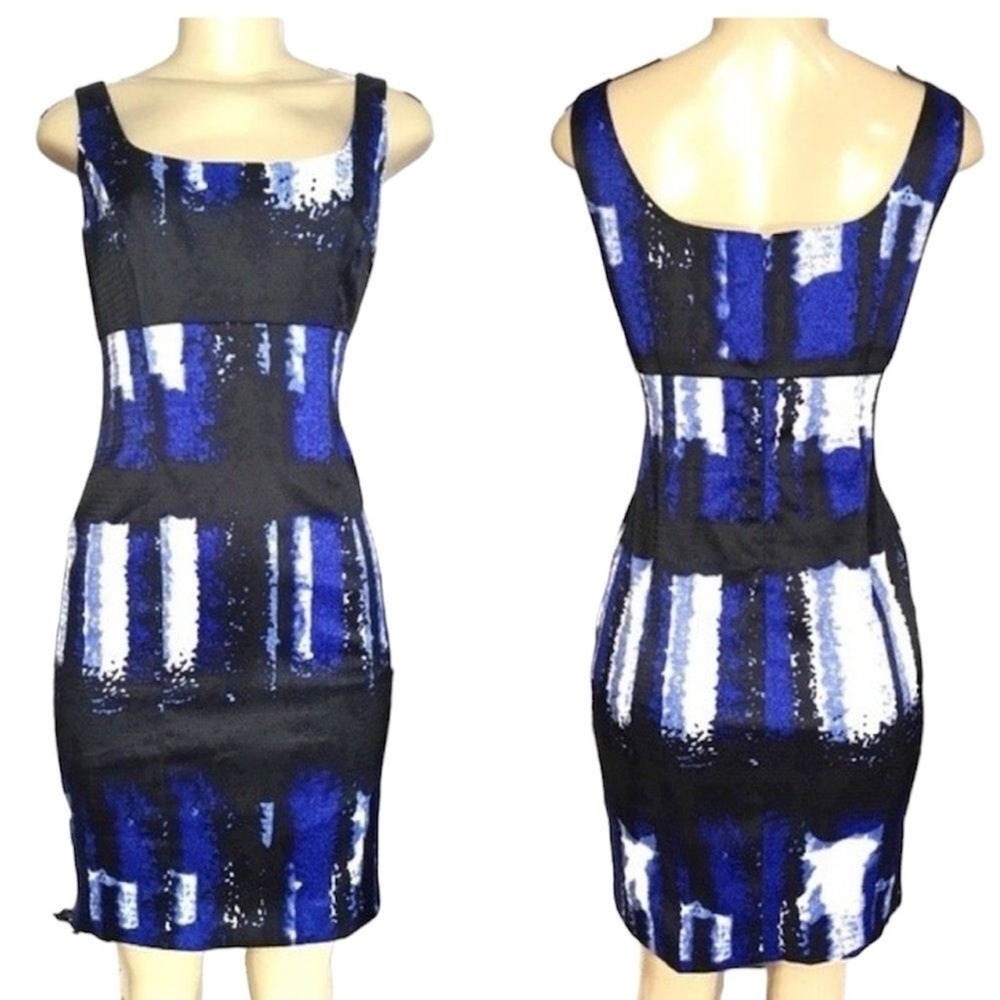 Muse Black Blue White Abstract Print Sheath Dress Square Neck Sleeveless Size 2
